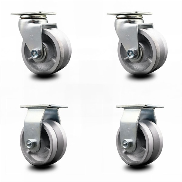 4 Inch V-Groove Semi Steel Caster Set with Ball Bearings 2 Swivel 2 Rigid SCC